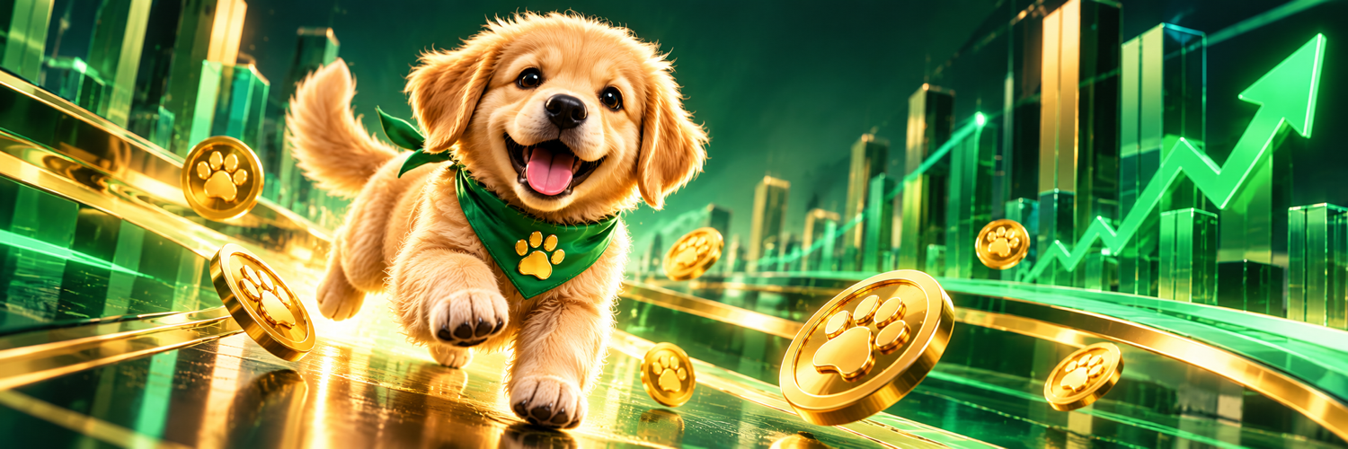 BarkByte golden puppy racing through a digital green and gold world